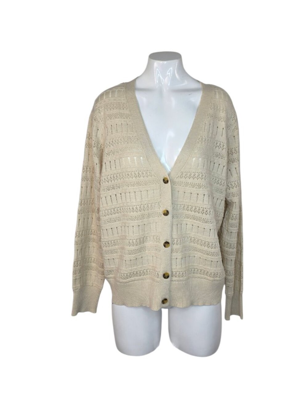 FRYE Button Front Cardigan, Pointelle Knit, Long Sleeve, Lightweight, Size Large